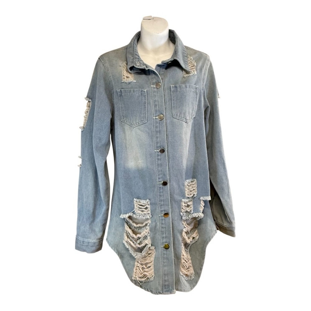 Jeans Women’s Distressed Button Up Long Sleeve Denim Jacket Sz Medium